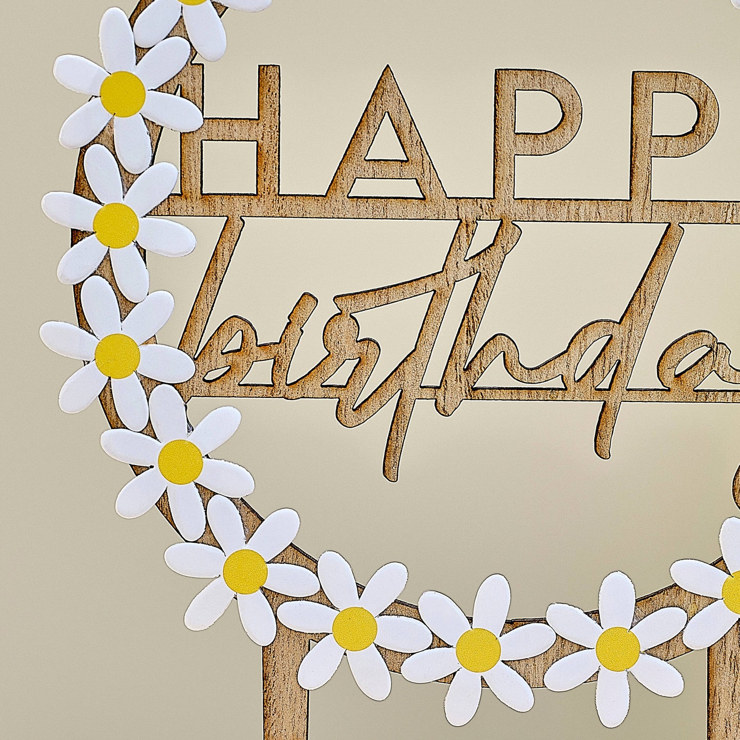 Wooden Happy Birthday Cake Topper with Daisies
