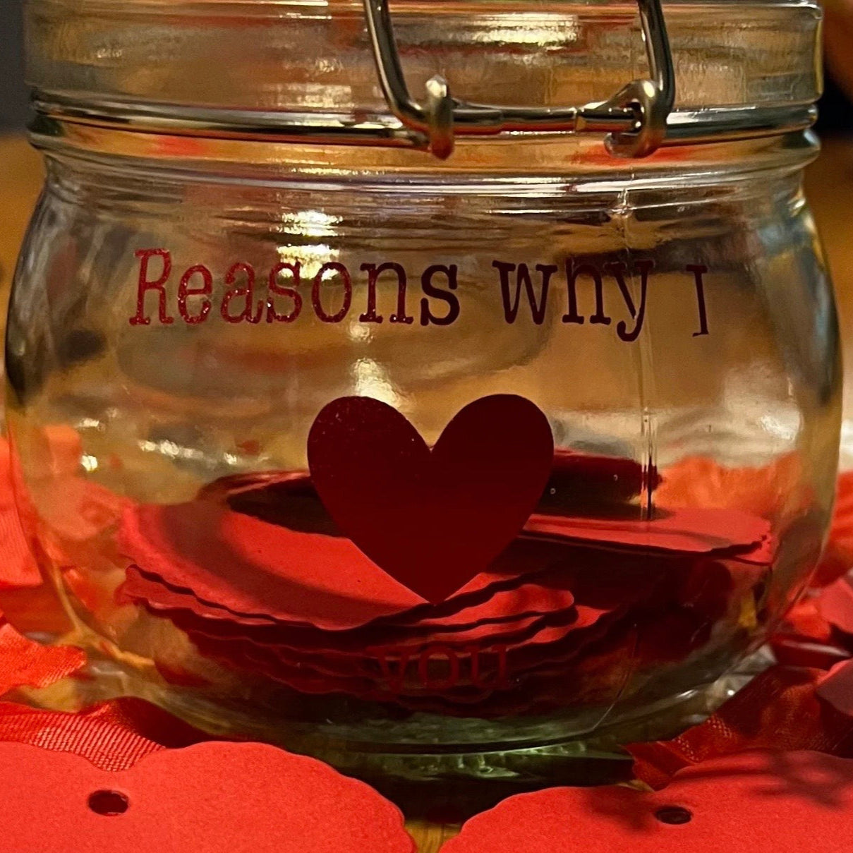 Reasons why we/I love you jar filled with 25 hearts, perfect gift for Valentine’s Day.