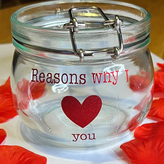 Reasons why we/I love you jar filled with 25 hearts, perfect gift for Valentine’s Day.